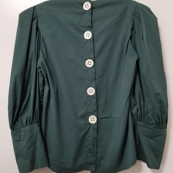 Zara Green Puff Sleeve Button Back Blouse Long Sleeve Cotton Poplin Size XS - Picture 9 of 11